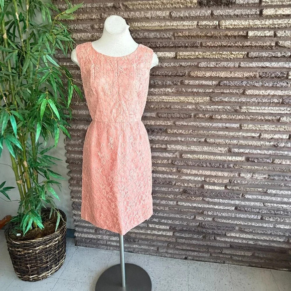Vintage 60s Handmade Peach Lace Wiggle Cocktail Dress - Picture 1 of 5